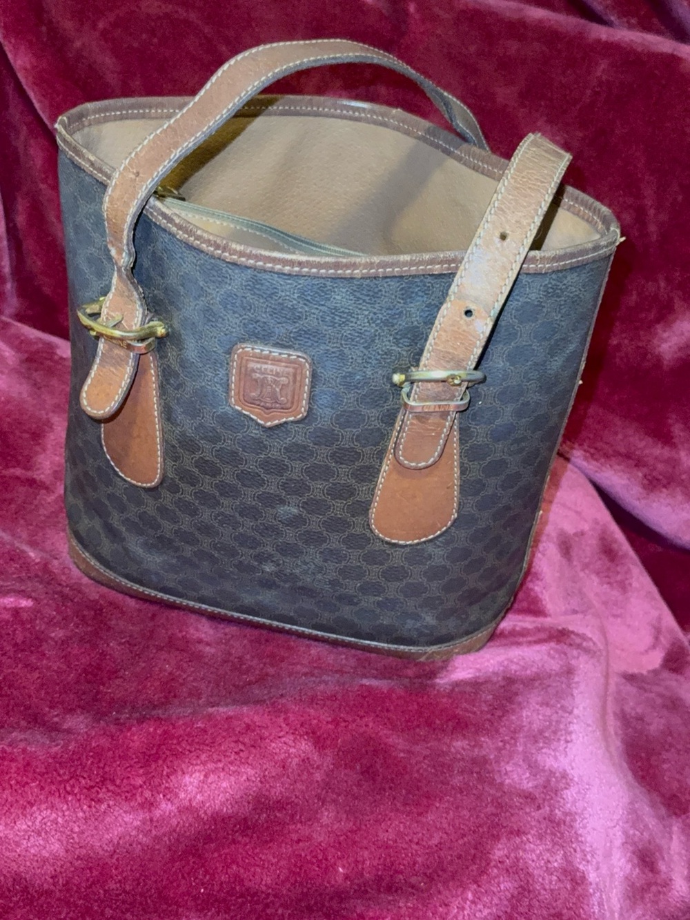 Vintage Celine Macadam Bucket Tote Bag Brown PVC Leather Italy